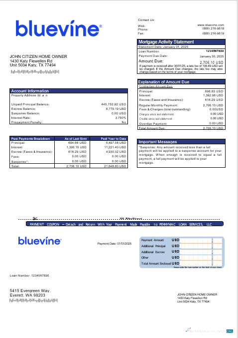 Download USA Bluevine bank mortgage statement in Word and PDF formats Photoshop template